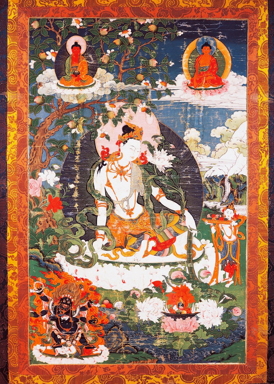 O bodhisattva Avalokitesvara Padmapani sentado, tanka ou thangka (bandeira budista), civilização tibetana de School Tibetan