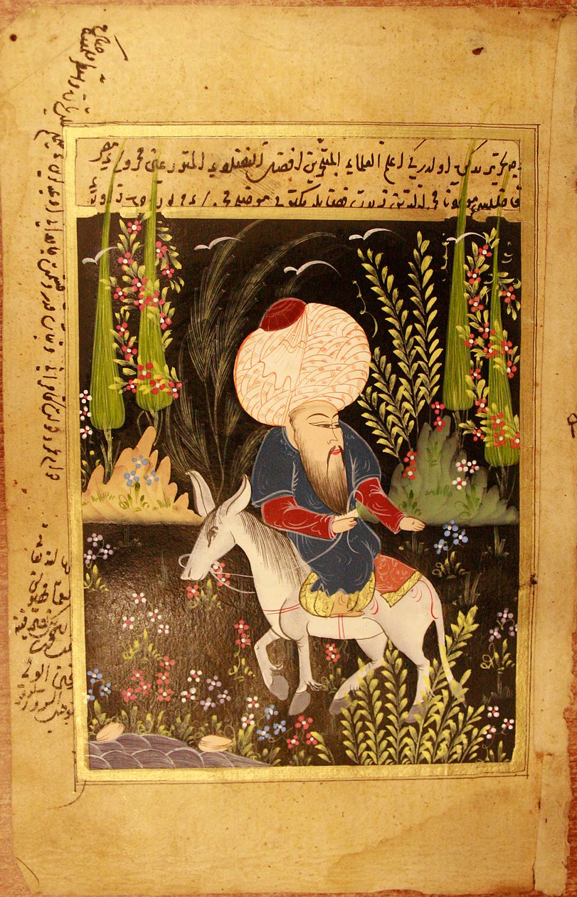 Nasr Eddin Hodja. (Nasreddin Hodja). Personagem da literatura muçulmana, mítico ulemá da Turquia, tendo vivido entre os séculos XIII e XV, é descrito segundo a tradição, sentado de cabeça para baixo em seu burro. Miniatura anônima, guache em pergaminho, sa de School Turkish