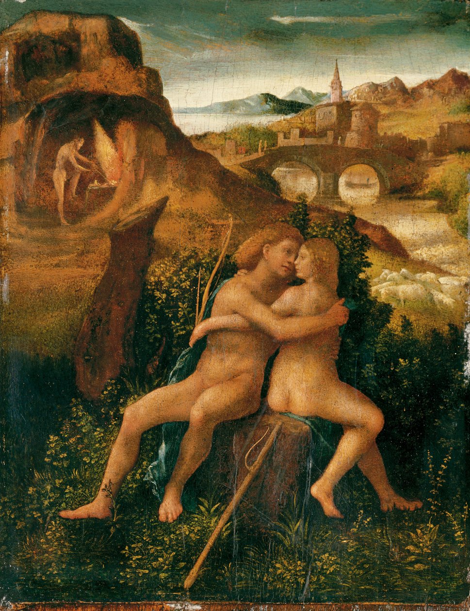 Vênus e Marte em uma paisagem fluvial com Vulcano trabalhando em sua forja, c.1500 (óleo sobre painel) de School Venetian