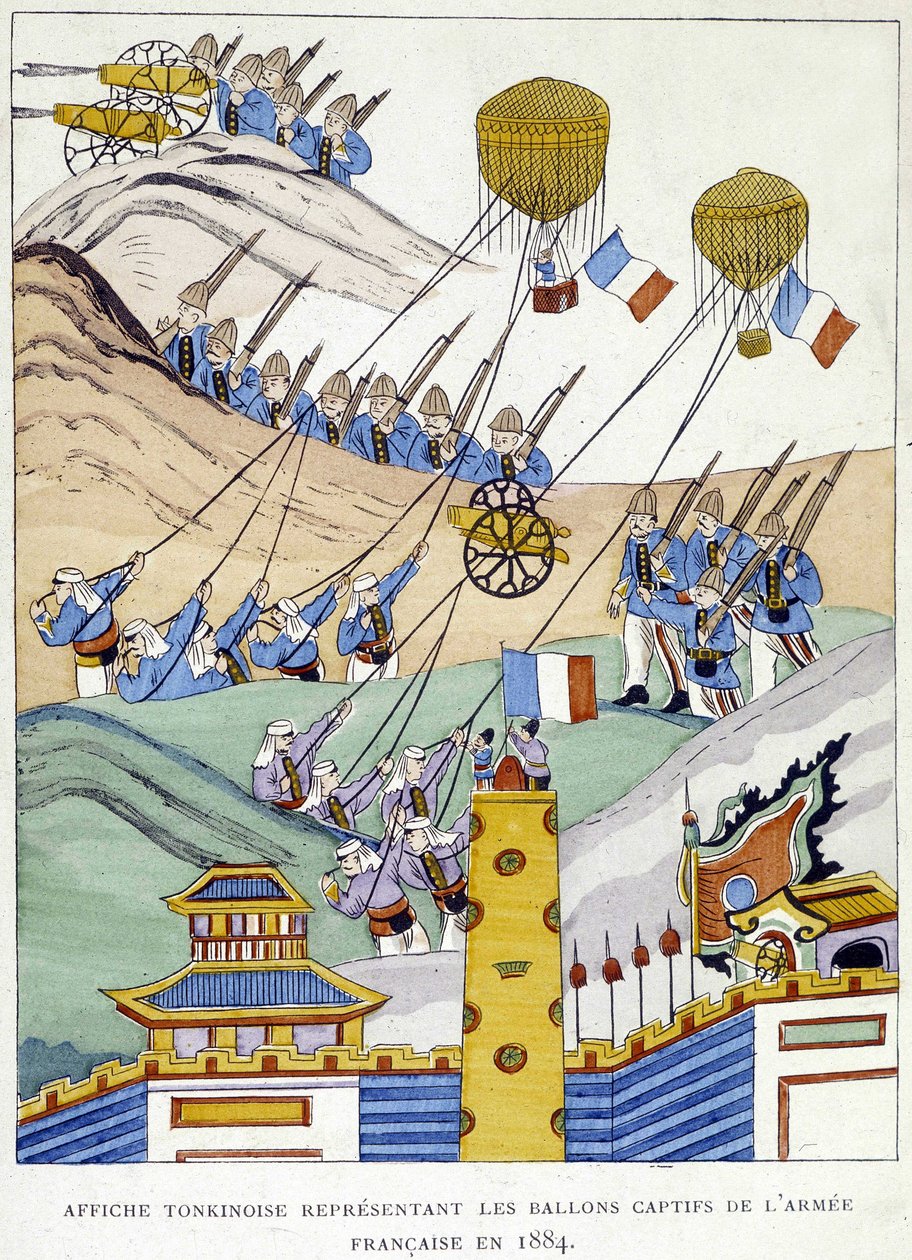 Cartaz tonkinês retratando os balões cativos do exército francês em 1884. de School Vietnamese