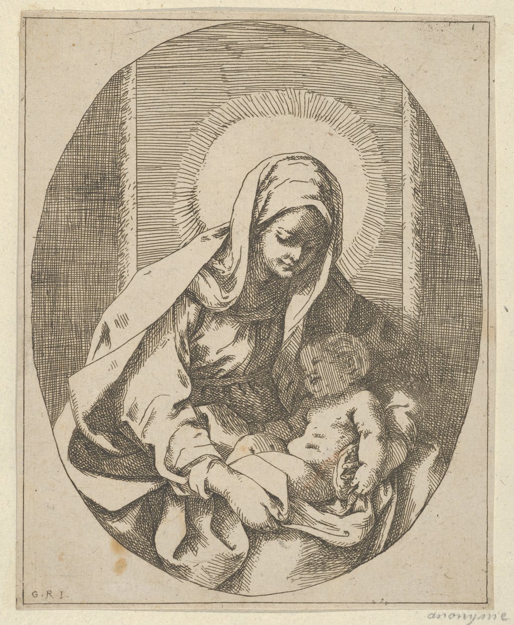 A Virgem segurando o menino Cristo no colo, uma composição oval, depois de Reni, 1620-50., 1620-50. de School of Guido Reni