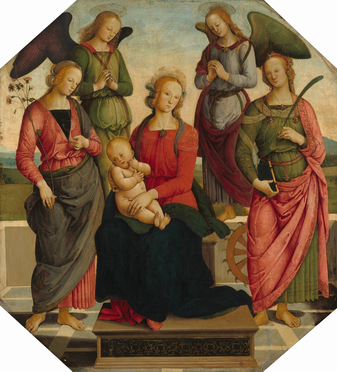 Madonna e criança com dois anjos, Santa Rosa e Santa Catarina de Alexandria de School of Perugino