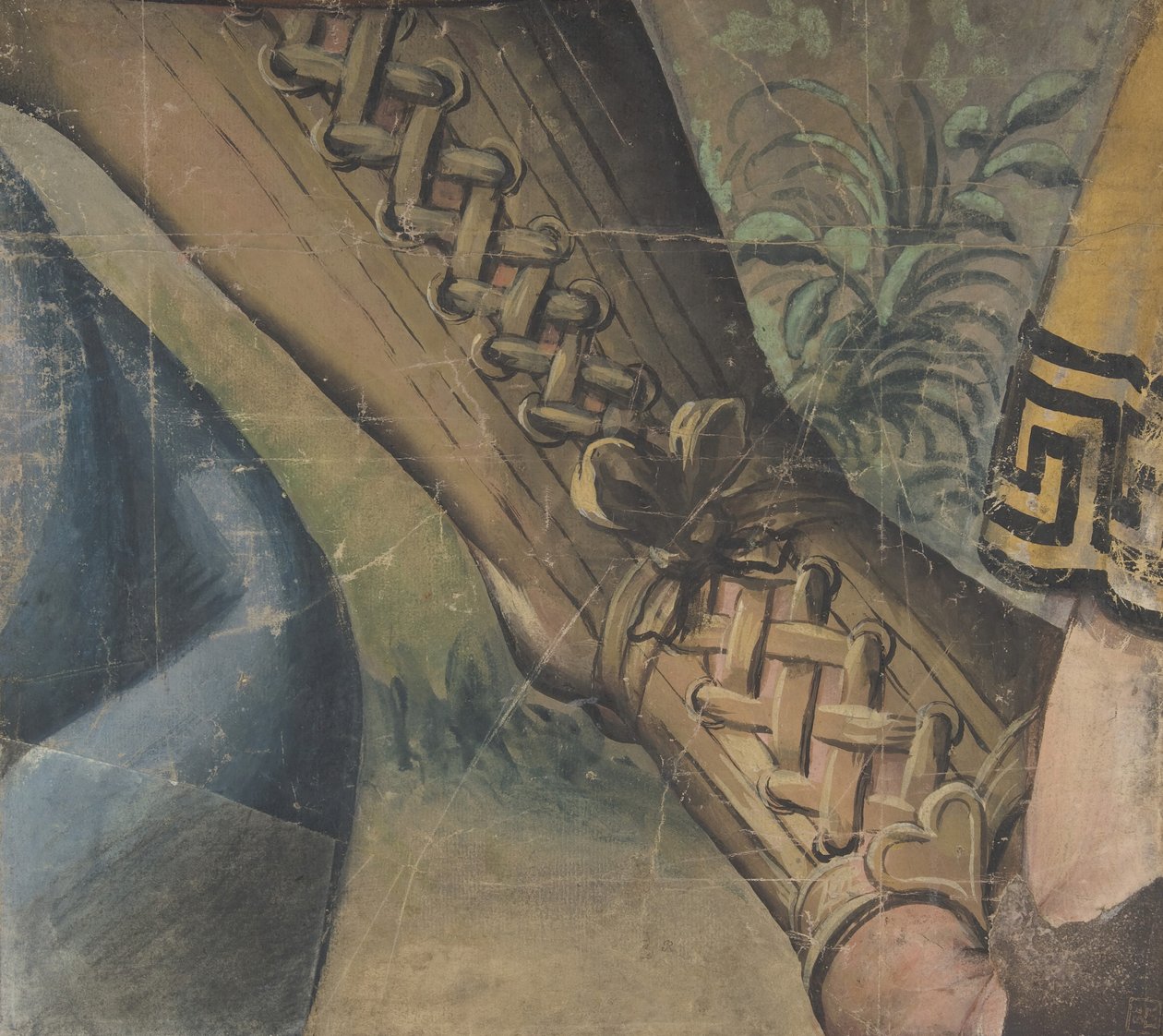 Fragmento de um desenho de tapeçaria: pé em um buskin, cortinas e uma planta, 1500-1550. de School of Raphael.