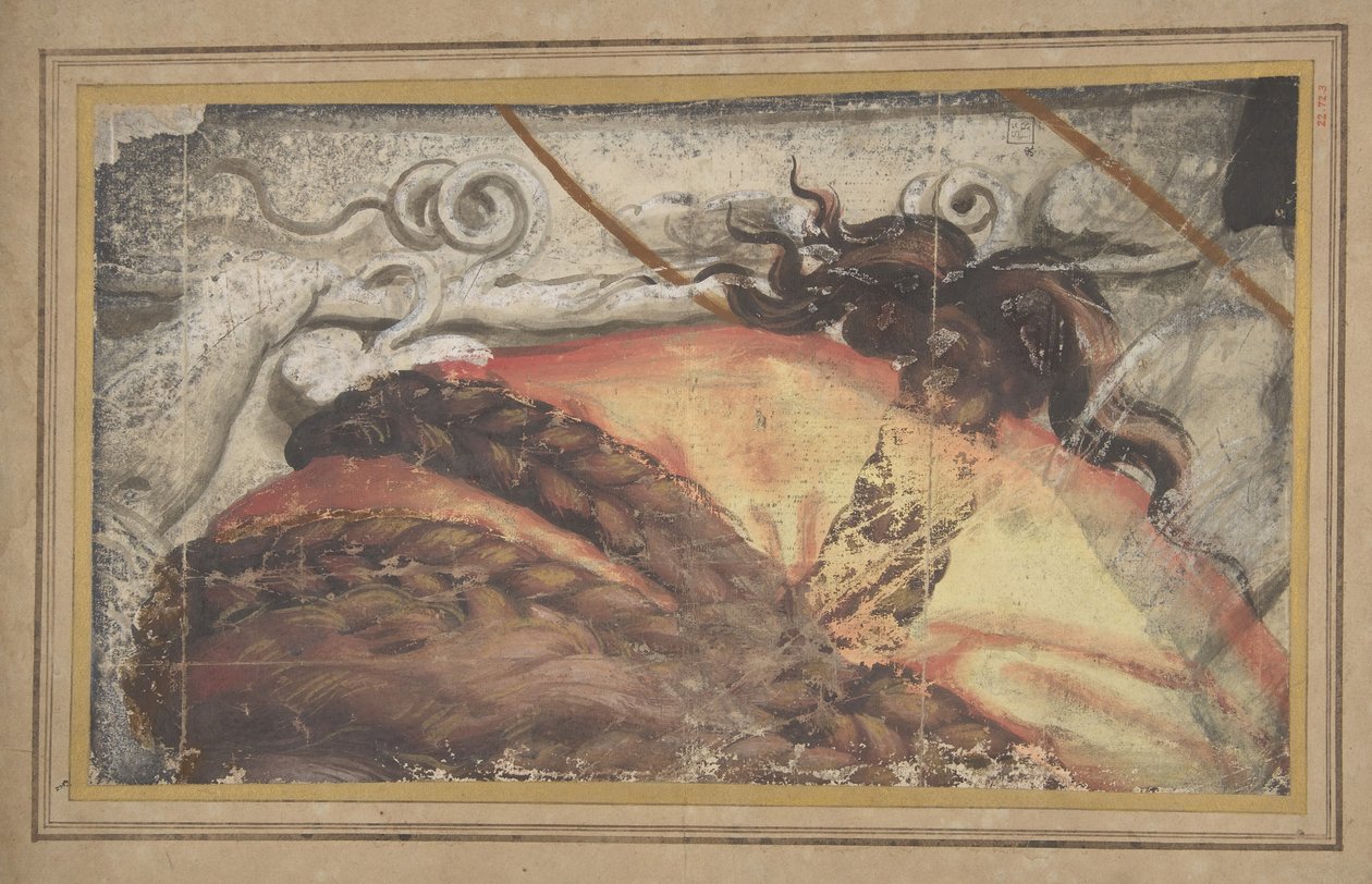 Fragmento de desenho de tapeçaria: o topo da cabeça da mulher com cabelo trançado sobre um pano..., 1500-50. de School of Raphael.