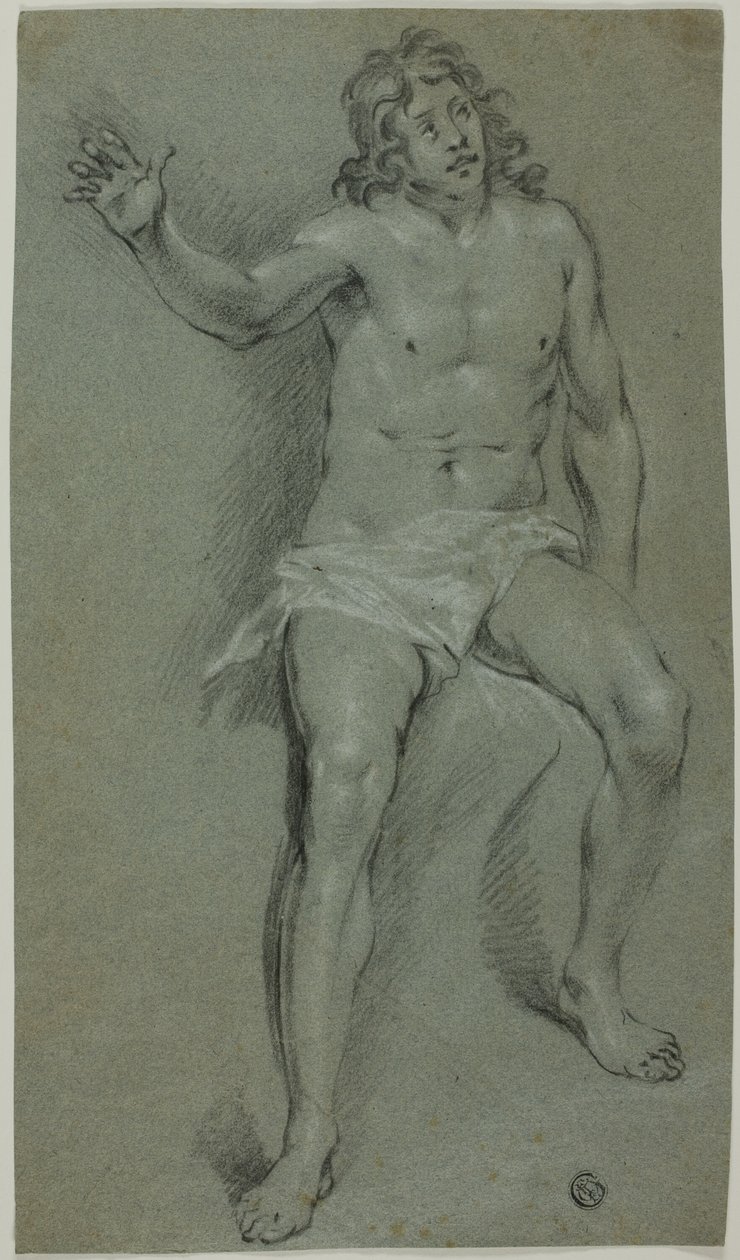 Nu masculino sentado (frente); esboços de mão e cabeça de rapaz (verso) de School of Rembrandt van Rijn