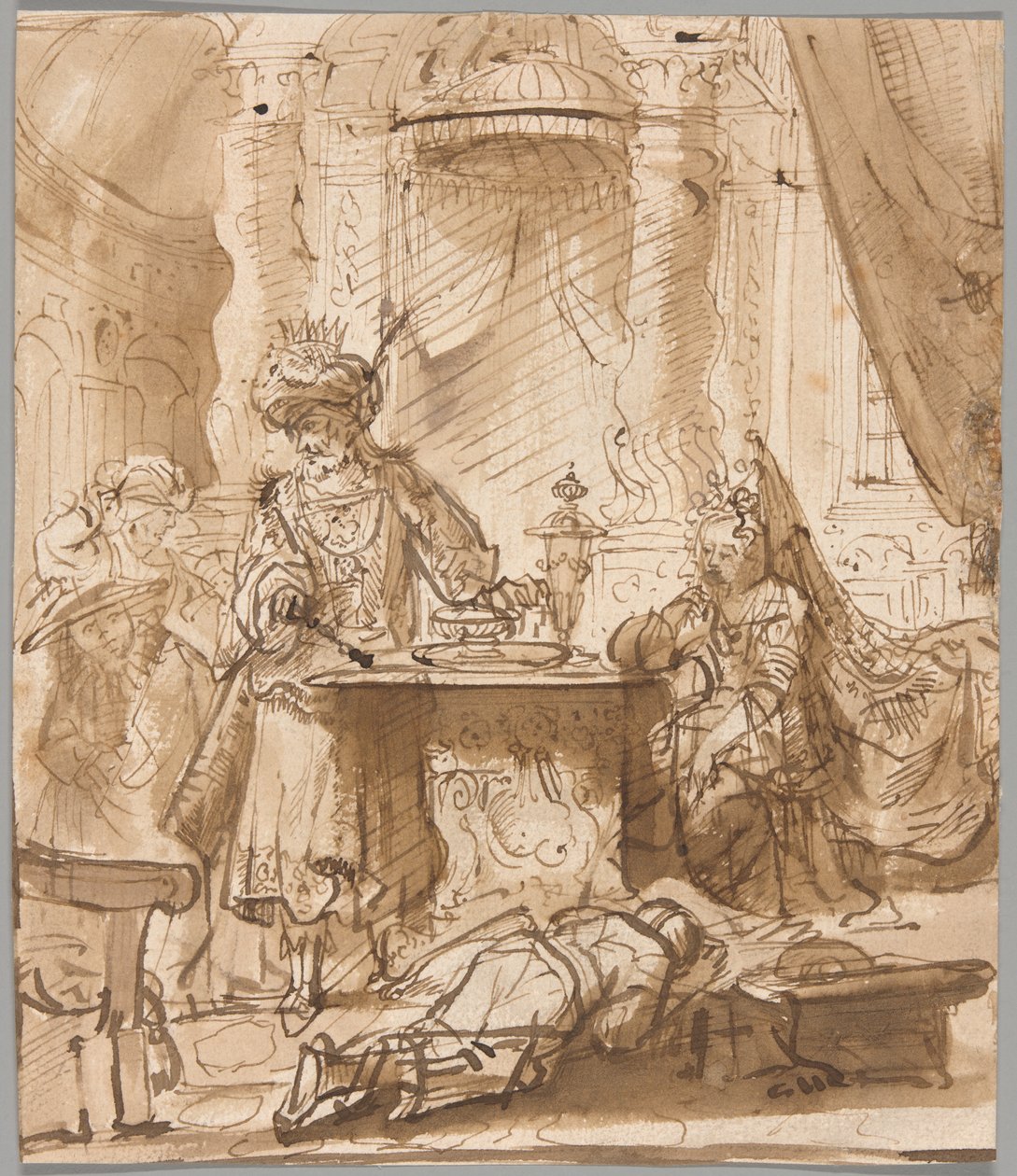 A degradação de Hamã antes de Assuero e Ester de School of Rembrandt van Rijn