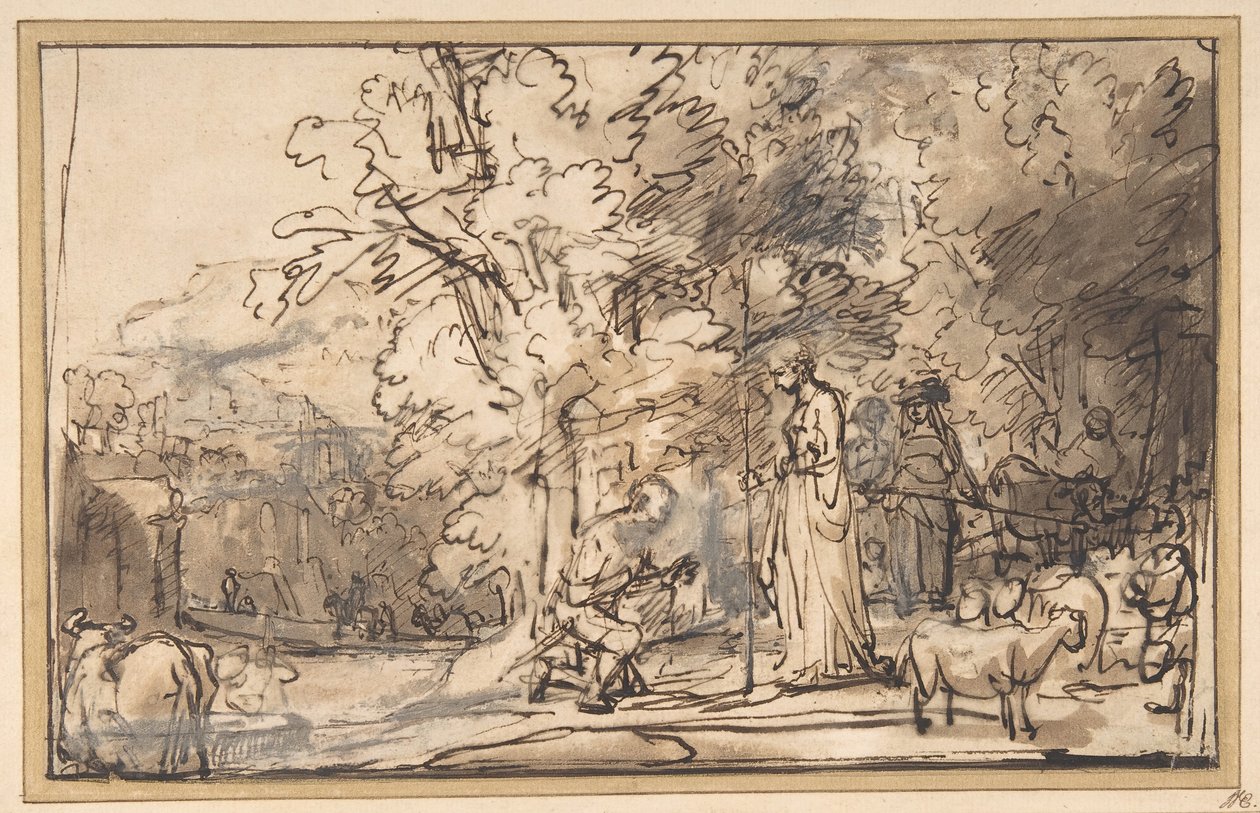 O Encontro de Jacó e Raquel no Poço, 1640-49. de School of Rembrandt van Rijn
