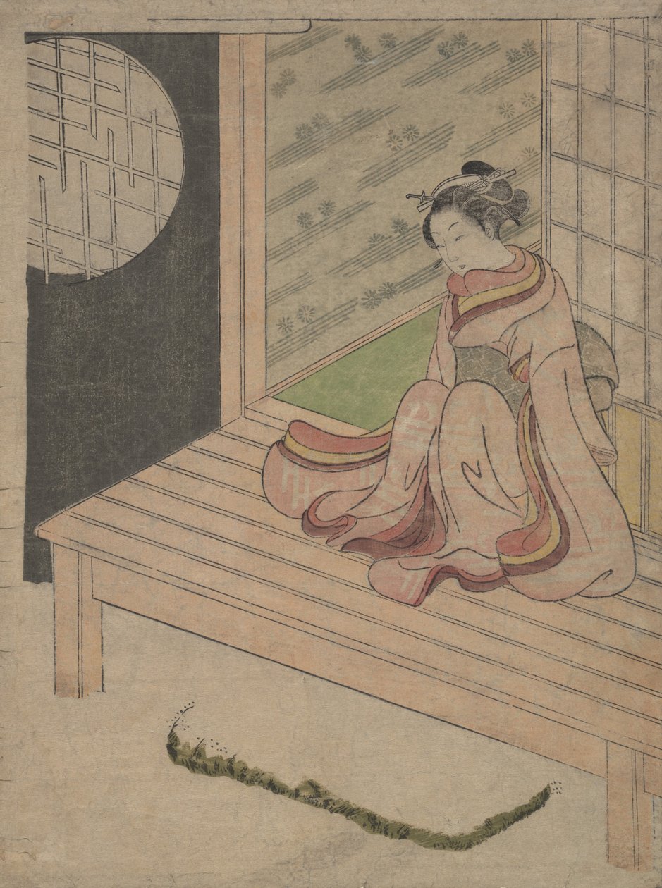 Uma jovem sentada no Engawa de uma casa, c. 1765., c. 1765. de School of Suzuki Harunobu