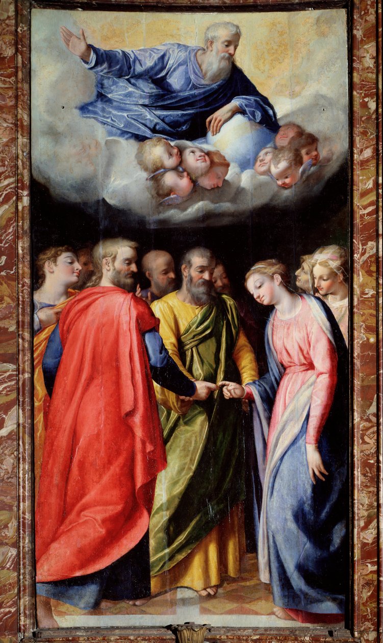O Casamento da Virgem Pintura por Scipione Pulzone il Gaetano (1550-1598) e Giuseppe Valeriano (1542-1606) 1584-1588 Roma, Igreja do Gesu, Capela da Madonna della Strada de Scipione Pulzone