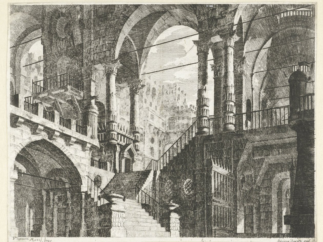 Edifício com arcos e colunas redondas
Caprici di Scene Teatrali (título da série) de Scipione Daretti