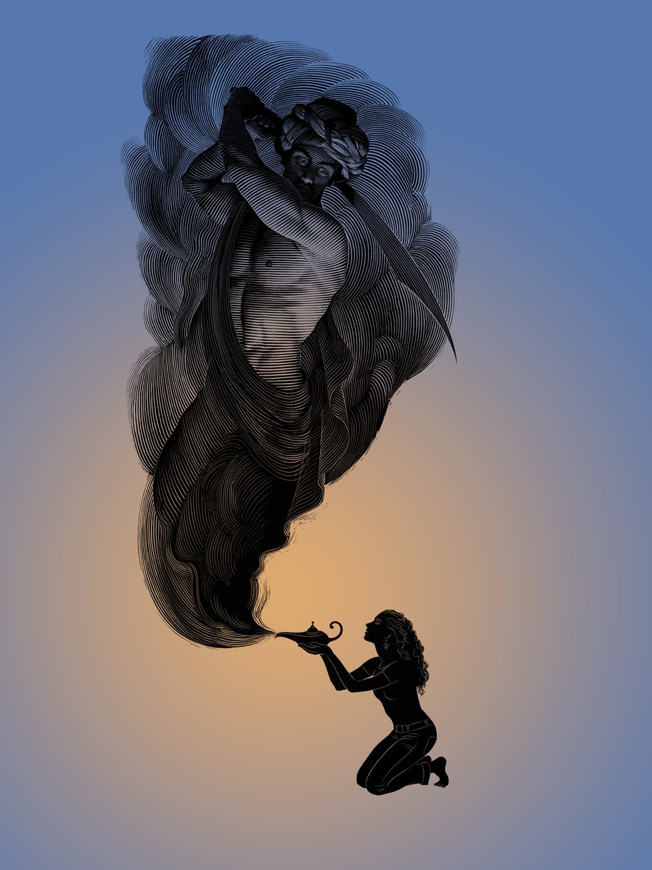 1001, 2006 (scratchboard, colorido digitalmente) de Scott McKowen