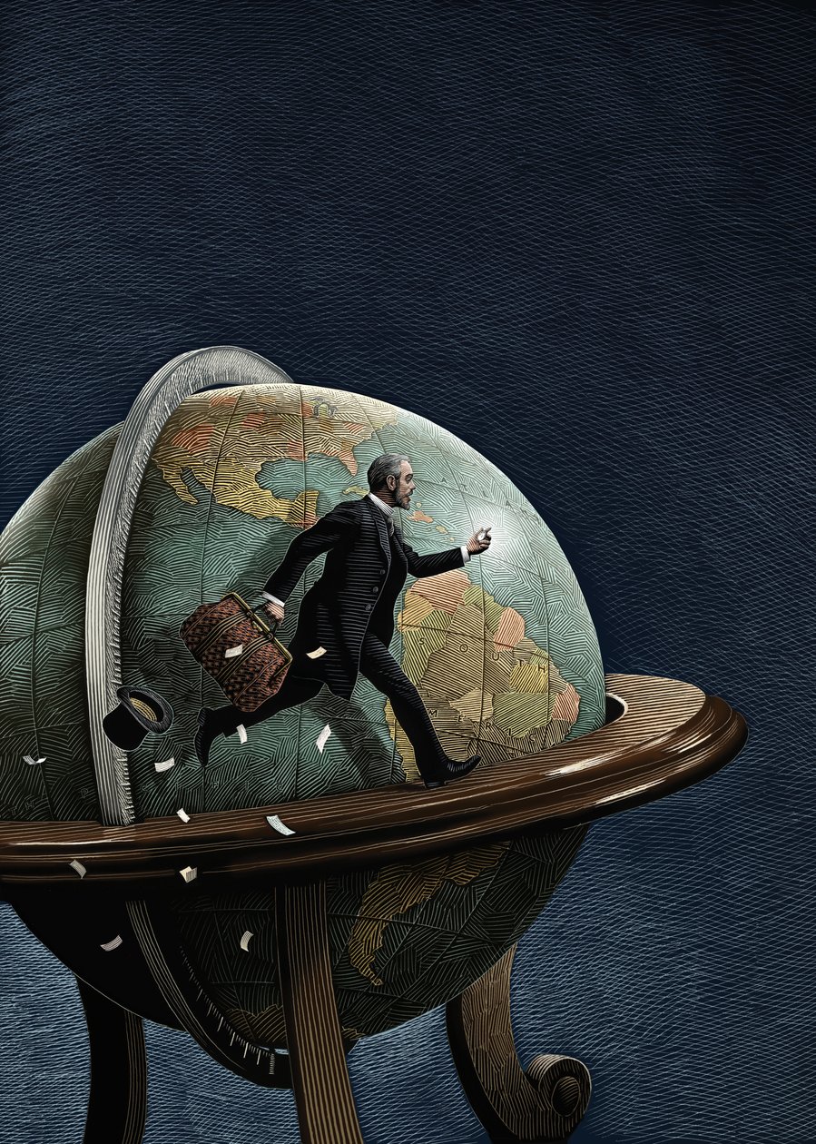 Volta ao Mundo em Oitenta Dias, 2008 (scratchboard, colorido digitalmente) de Scott McKowen