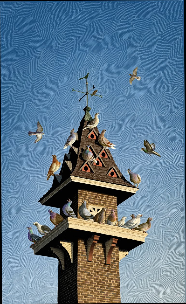 Dawn Chorus, 2016 (scratchboard, colorido digitalmente) de Scott McKowen