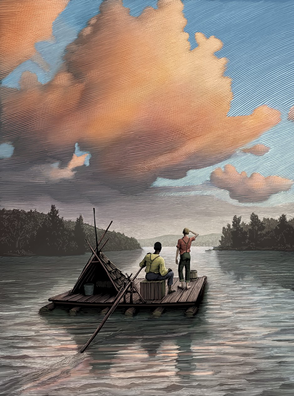 Huckleberry Finn, 2006 (scratchboard, colorido digitalmente) de Scott McKowen