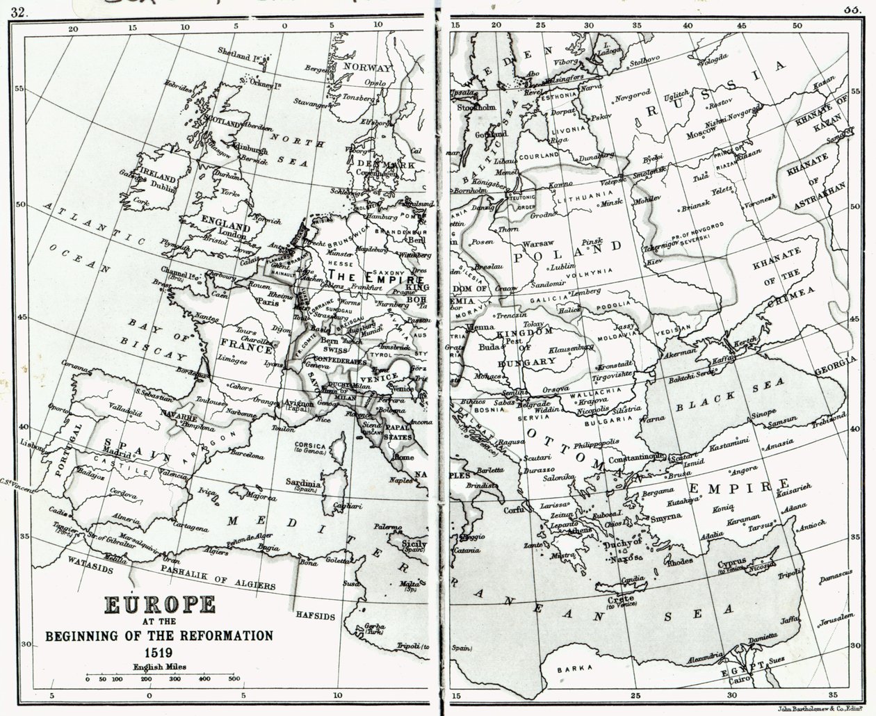 Europa em 1519, no início da Reforma, pub. por John Bartholomew and Co., Edimburgo de Scottish School