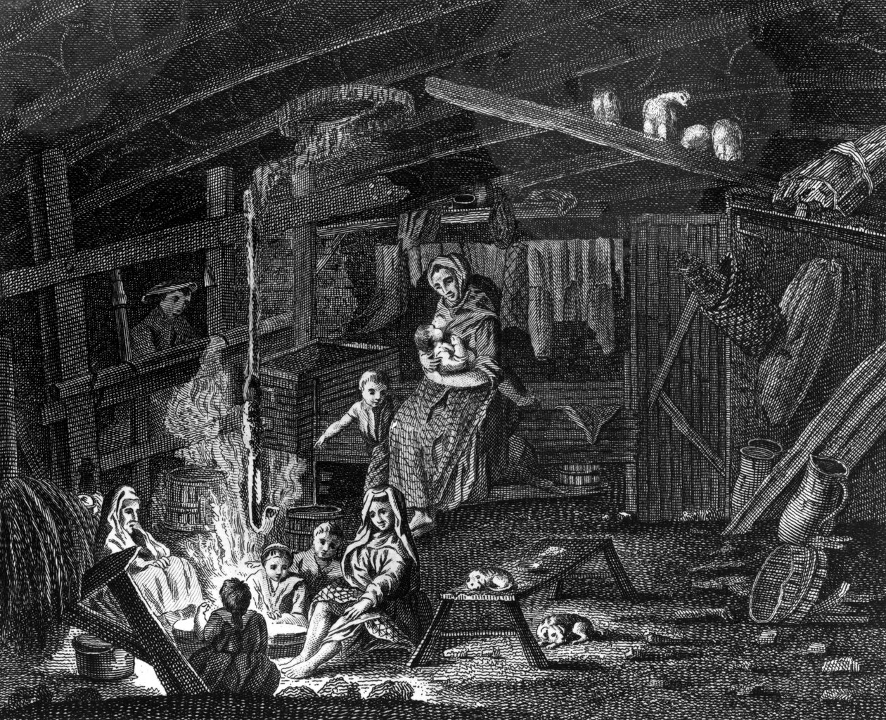 Dentro de uma casa de campo dos tecelões em Ilay, ilustração de "uma excursão em Scotland" por Thomas Pennant, publicada 1769 de Scottish School