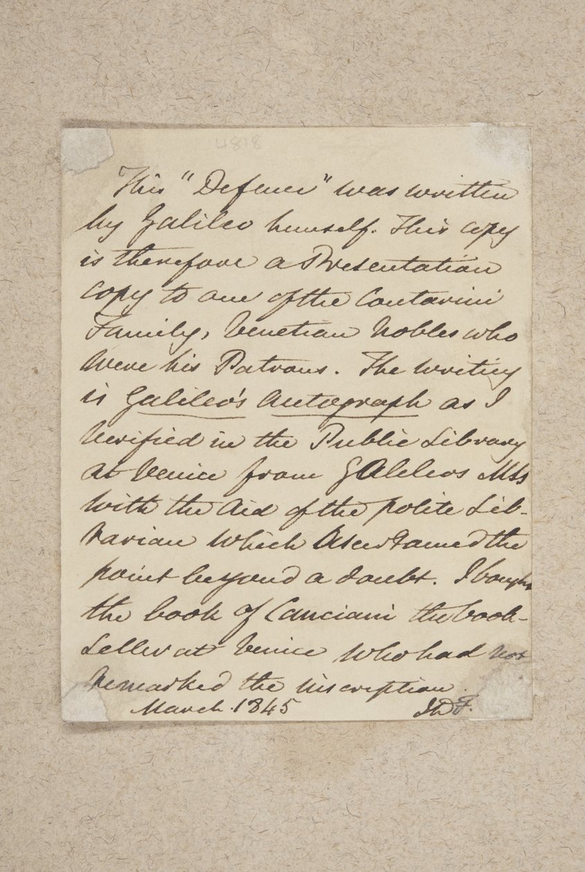 Nota colada no quadro dianteiro de Difesa, de Galileo, 1845 (caneta e tinta sobre papel) de Scottish School
