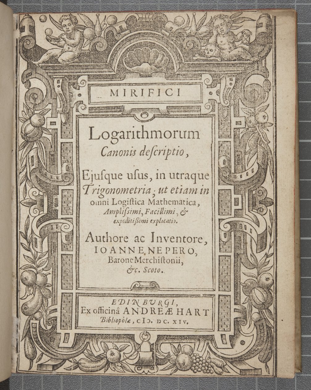logaritmo magnífica da página de título da descrição canônica, por John Napier de Scottish School