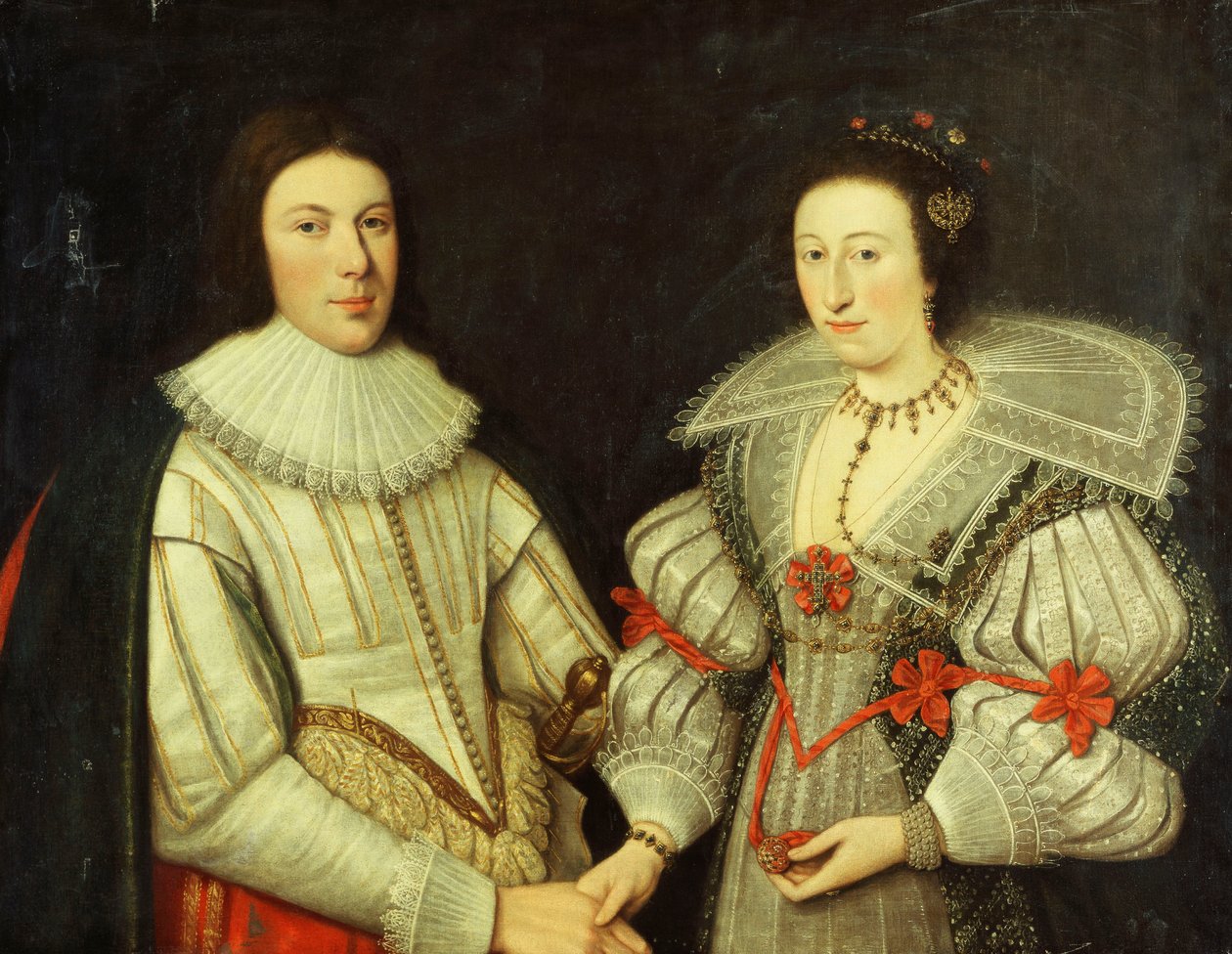 Retrato de grupo de um cavalheiro, de metade do comprimento, em gibão branco e babado, e sua esposa, em um vestido branco e verde, colar em forma de leque e colar de ouro, de Scottish School