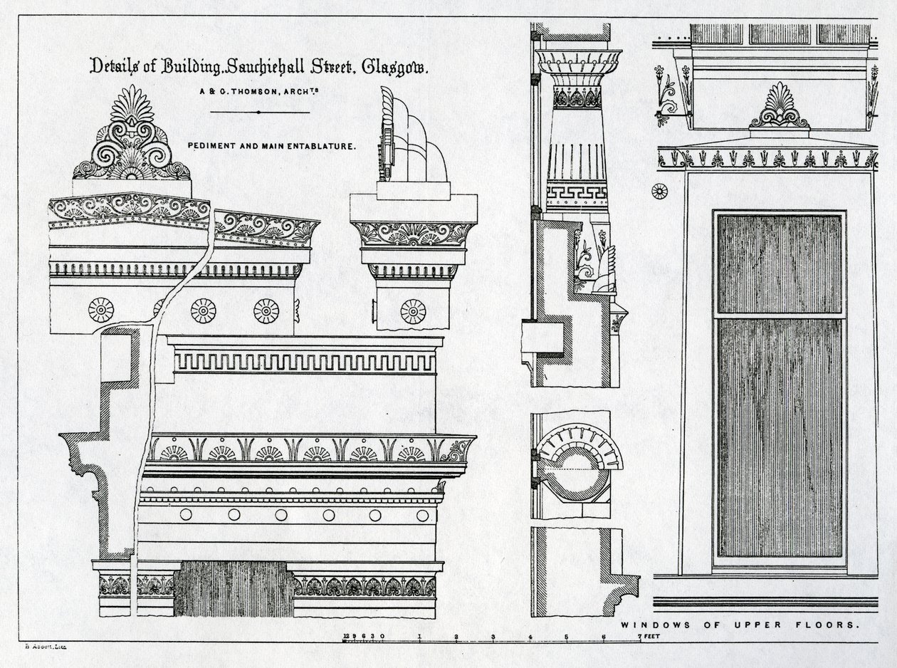 Detalhes arquitetônicos de câmaras gregas, 336-356 Sauchiehall Street, Glasgow, projetado por Alexander Greek Thomson, 1869 de Scottish School