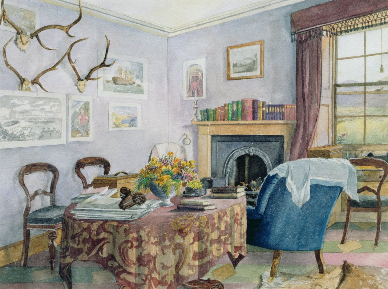 Interior da sala de desenho em uma casa de campo na Escócia, c.1850 (wc no papel) de Scottish School