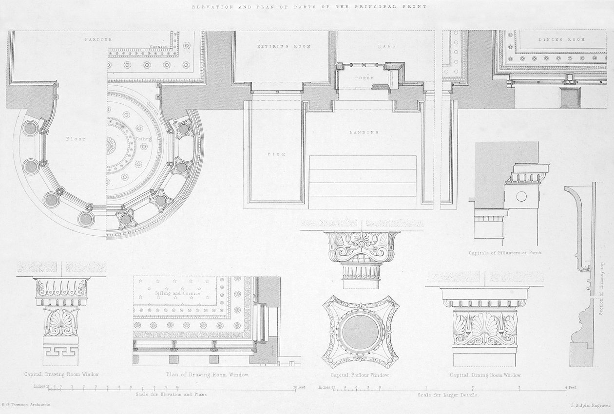 Detalhes exteriores e interiores de Holmwood, Glasgow (gravura) de Scottish School