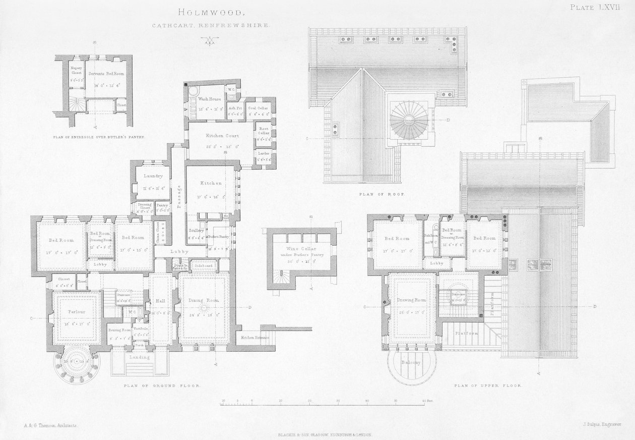 Vista exterior e interior de Holmwood, Glasgow (gravura) de Scottish School