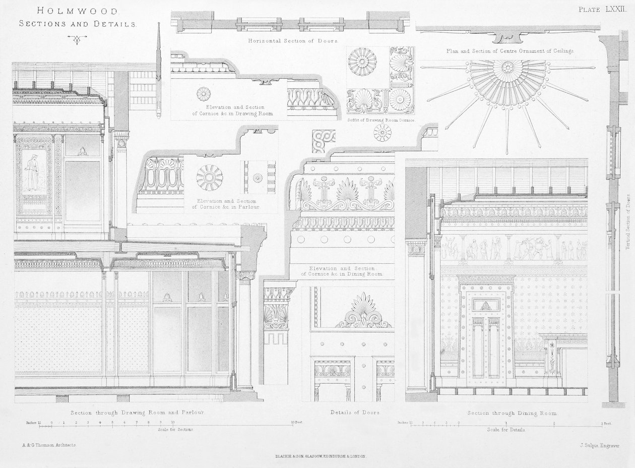 Detalhes decorativos interiores de Homwood, Glasgow (gravura) de Scottish School