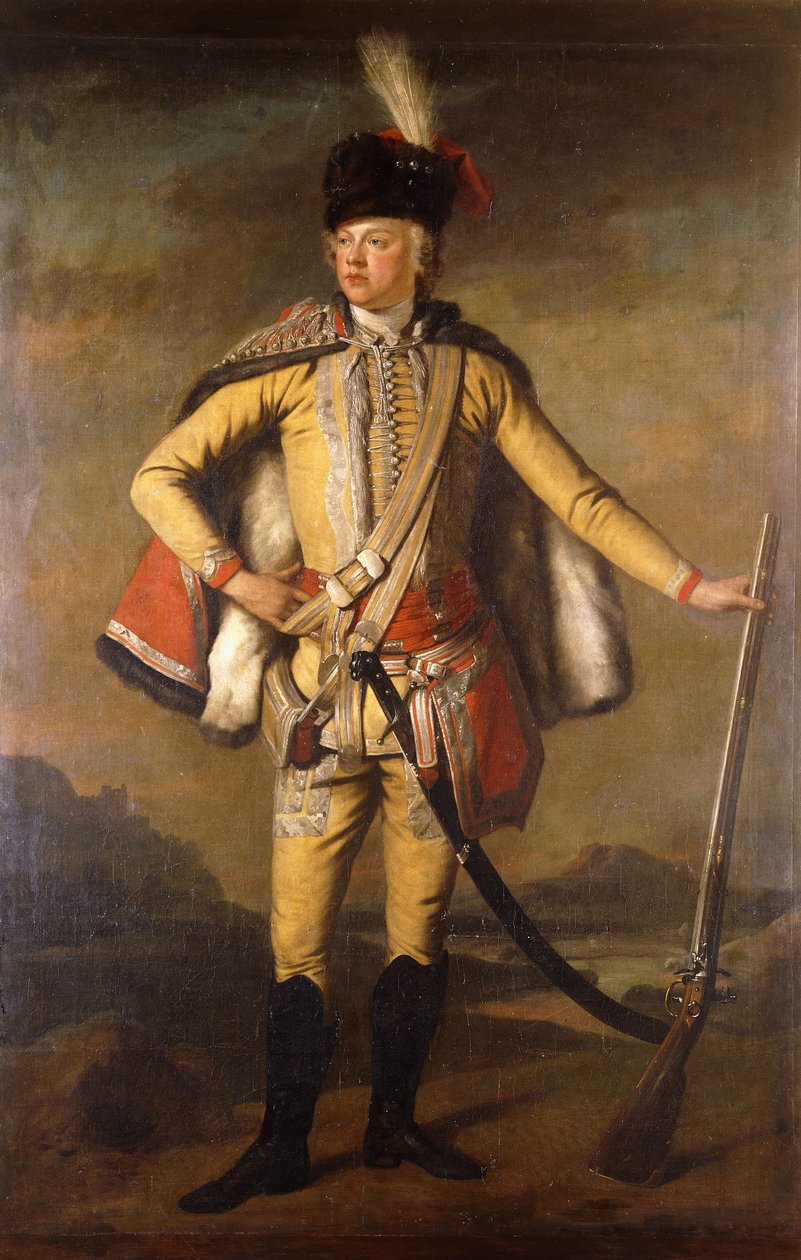 Retrato de John Lindsay, 20º Conde de Crawford e Lindsay, de corpo inteiro, em uniforme hussariano, segurando um mosquete de pederneira, uma paisagem além, c.1745 de Scottish School