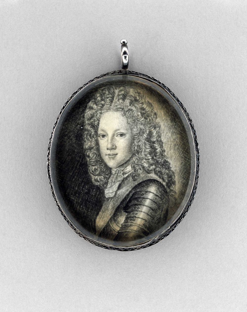 Príncipe James Francis Edward Stuart (The Old Pretender), c.1703 (tinta nanquim em pergaminho, grafite, cristal de rocha e prata) de Scottish School