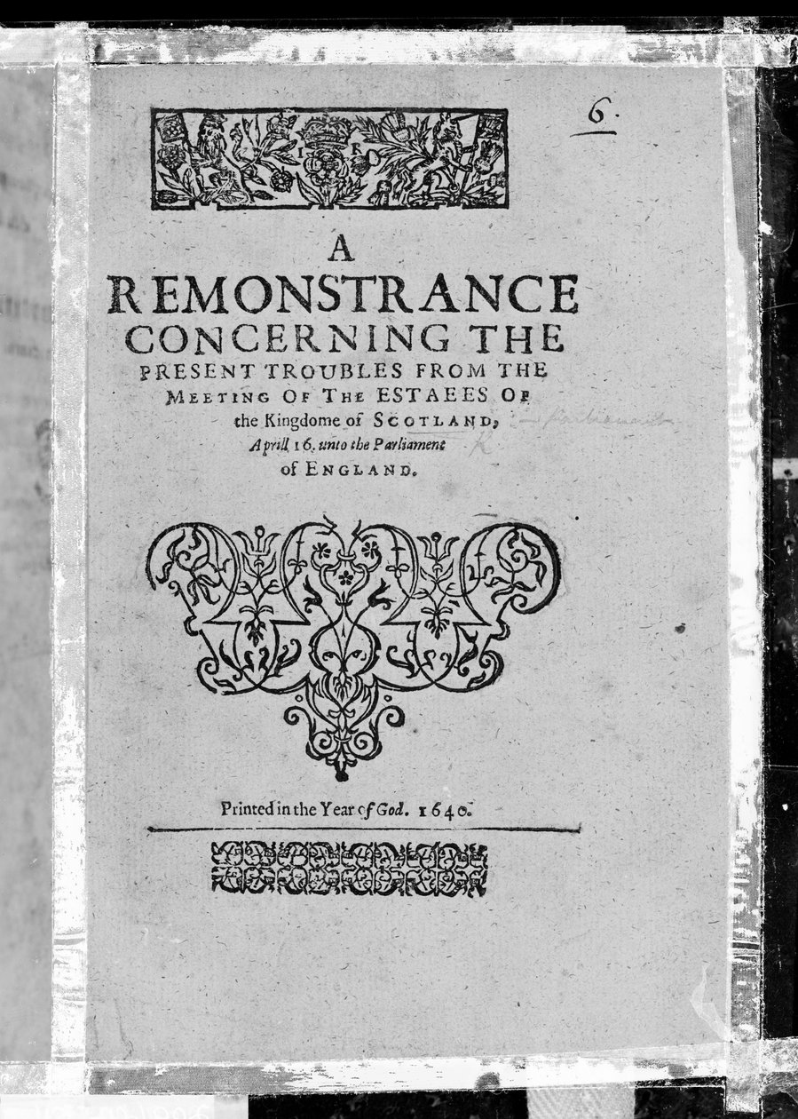 Página de rosto de A Remonstrance sobre os problemas atuais do encontro das propriedades do Kingdome of Scotland, publicado em 1640 (impresso) de Scottish School