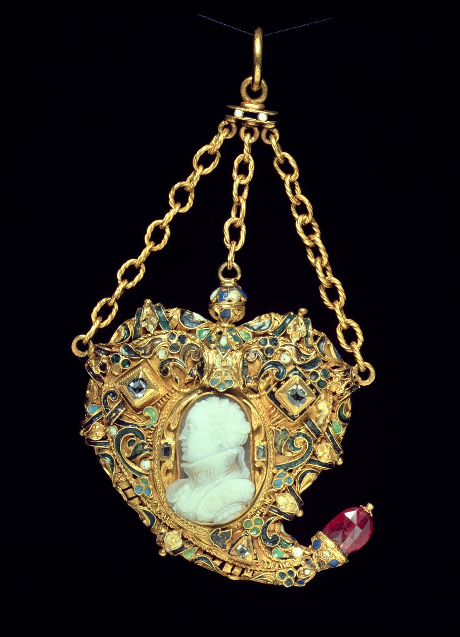 Conjunto medalhão, com um retrato de Maria, Rainha da Escócia (1542-87) do final do século 16 (ouro e ônix) de Scottish School