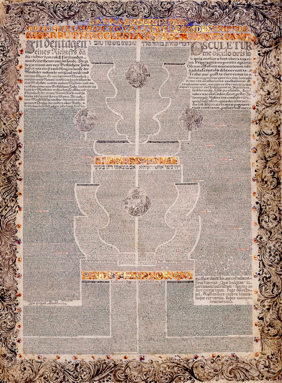 Os cinco rolos na micrografia multilingue Ruth, Cântico dos Cânticos, Eclesiastes, Esther e Lamentat ... de Scribe and illuminator  Aaron Wolf Herlingen