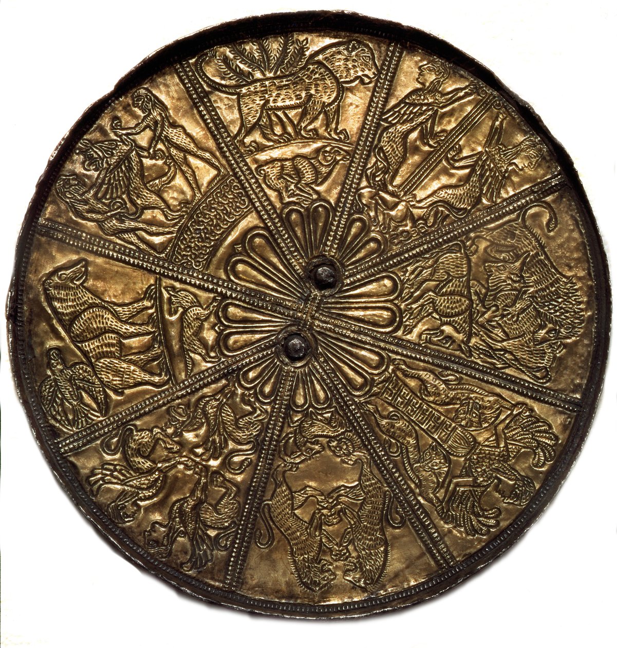 Arte Scythian (civilização Scythian ou Scythian): espelho de prata coberto de ouro do tumulus n°4 de Kelermes, região de Krasnodar até Kuban na Rússia (650-620), século VII a.C. São Petersburgo, Museu Hermitage de Scythian