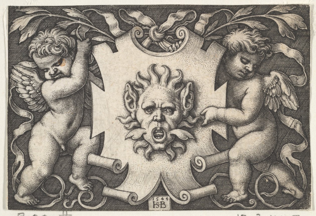 Uma máscara em um escudo apoiado por dois gênios, 1544. de Sebald Beham