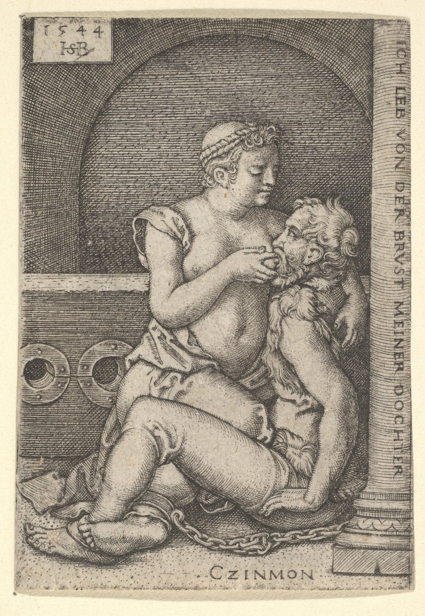 Cimon sentado contra uma coluna à direita, mamando de Pero que está ajoelhado ao lado dele, 1544. de Sebald Beham