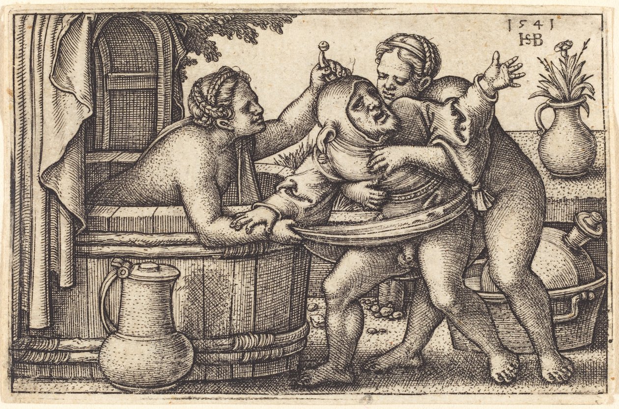Palhaço e duas mulheres tomando banho de Sebald Beham