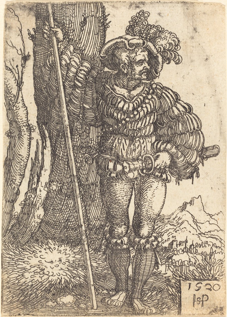 Soldado a pé ao lado de uma árvore de Sebald Beham