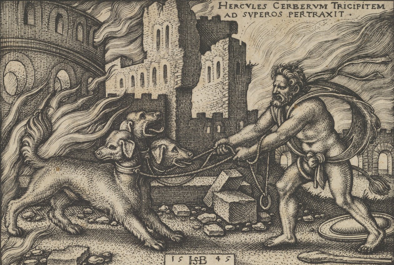 Hércules Capturando Cerberus, de Os Trabalhos de Hércules, 1545. de Sebald Beham