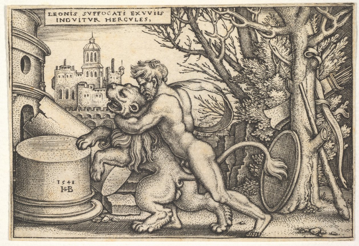 Hércules, de perfil, matando o leão da Nemeia com o braço em volta do pescoço, de 