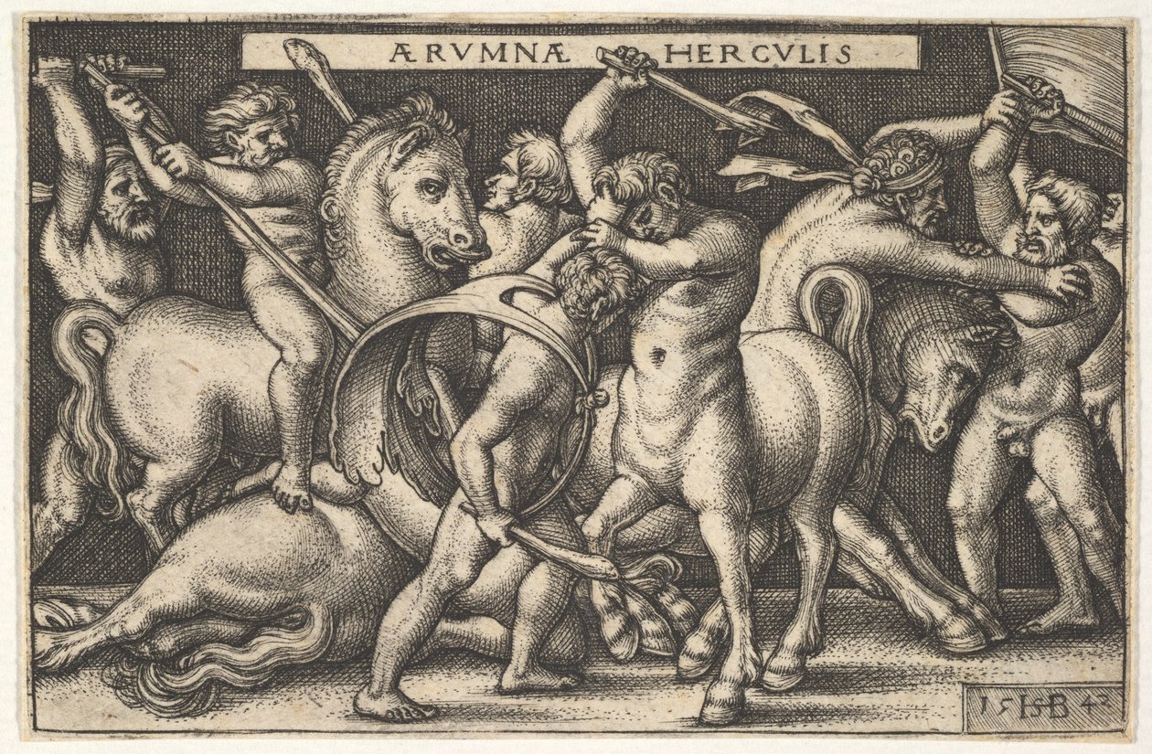 Hércules com seu clube no centro lutando contra um centauro, outros homens lutando contra centauros à esquerda..., 1542. de Sebald Beham
