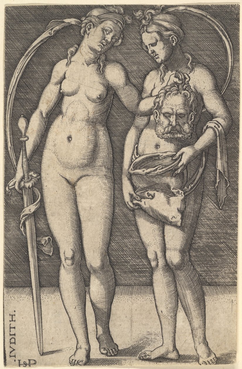 Judite de pé à direita e segurando a cabeça de Holofernes na mão direita e um..., ca. 1520-30. de Sebald Beham
