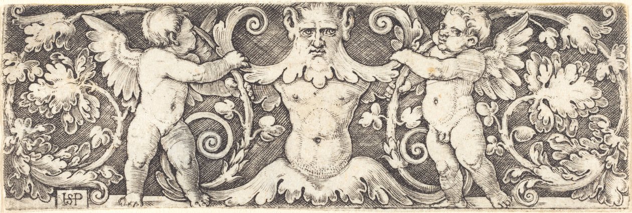 Ornamento com meia figura masculina entre dois gênios de Sebald Beham