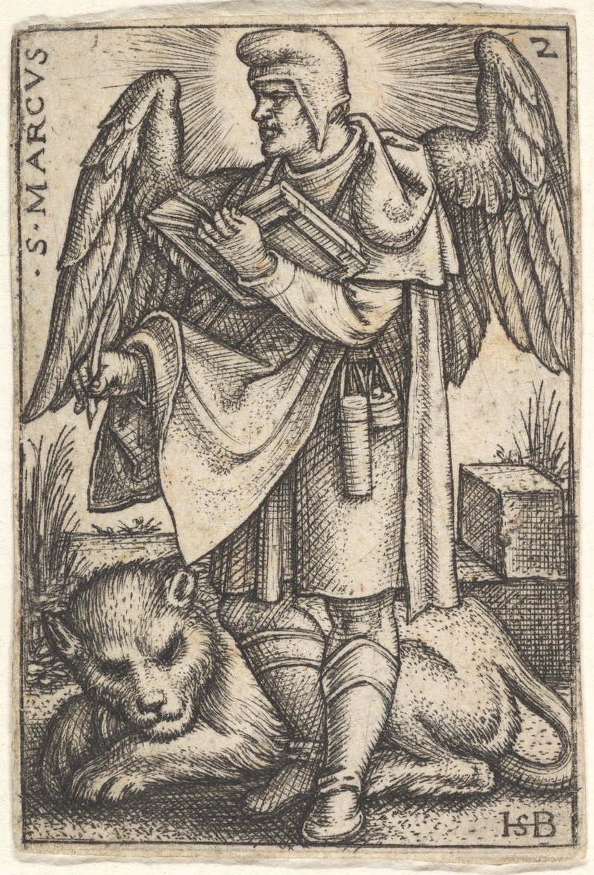 Placa 2: São Marcos, a cabeça virada de perfil para a esquerda, com um livro aberto à direita..., 1541. de Sebald Beham