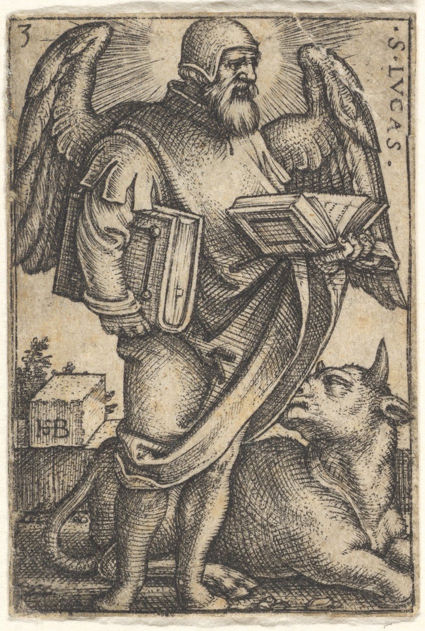 Placa 3: São Lucas com a cabeça virada de perfil para a direita, um livro em cada mão, um b..., 1541. de Sebald Beham