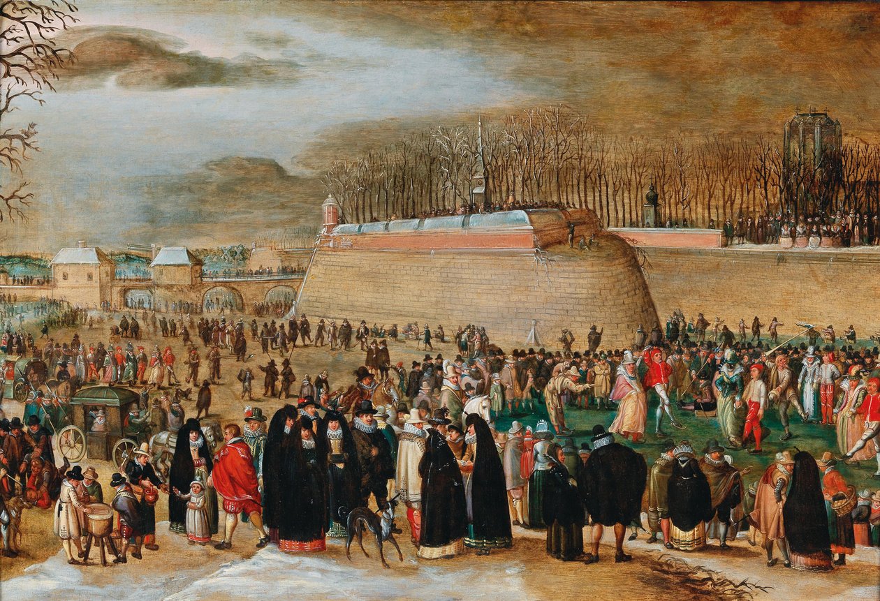 Paisagem de inverno com uma cena de carnaval perto do bastião Kipdorppoort em Antuérpia. de Sebastiaen Vrancx