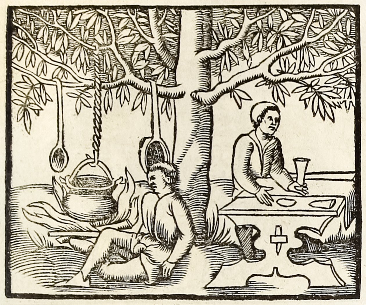 Cozinhar panela e aguardar diner de 1550 edição de Cosmographia por Sebastian Munster de Sebastian Munster