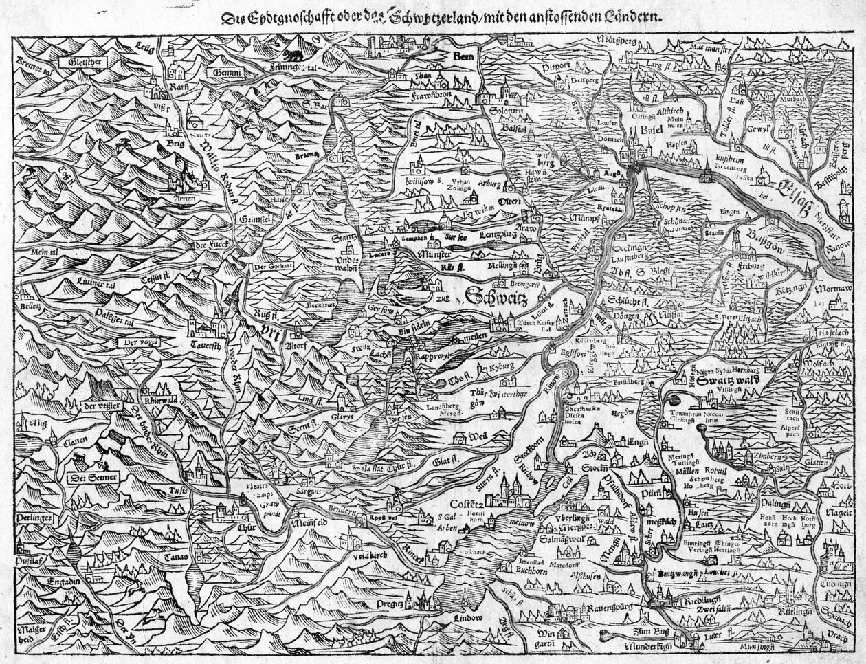 Mapa antigo da Suíça por Sebastian Münster, 1550 de Sebastian Munster