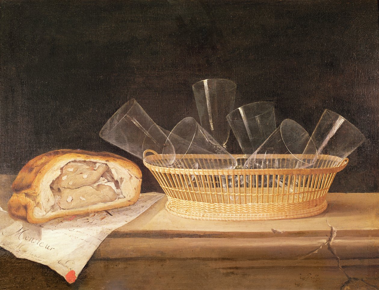 Cesta de copos e uma torta de carne, antes de 1630 de Sebastian Stoskopff