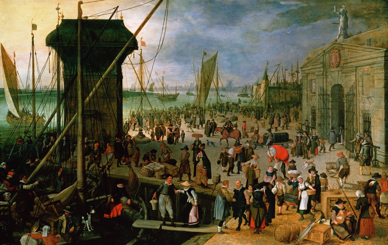 Uma vista do porto de Antuérpia com o Kraanenhoofd e o portão Werf, 1608 de Sebastian Vrancx